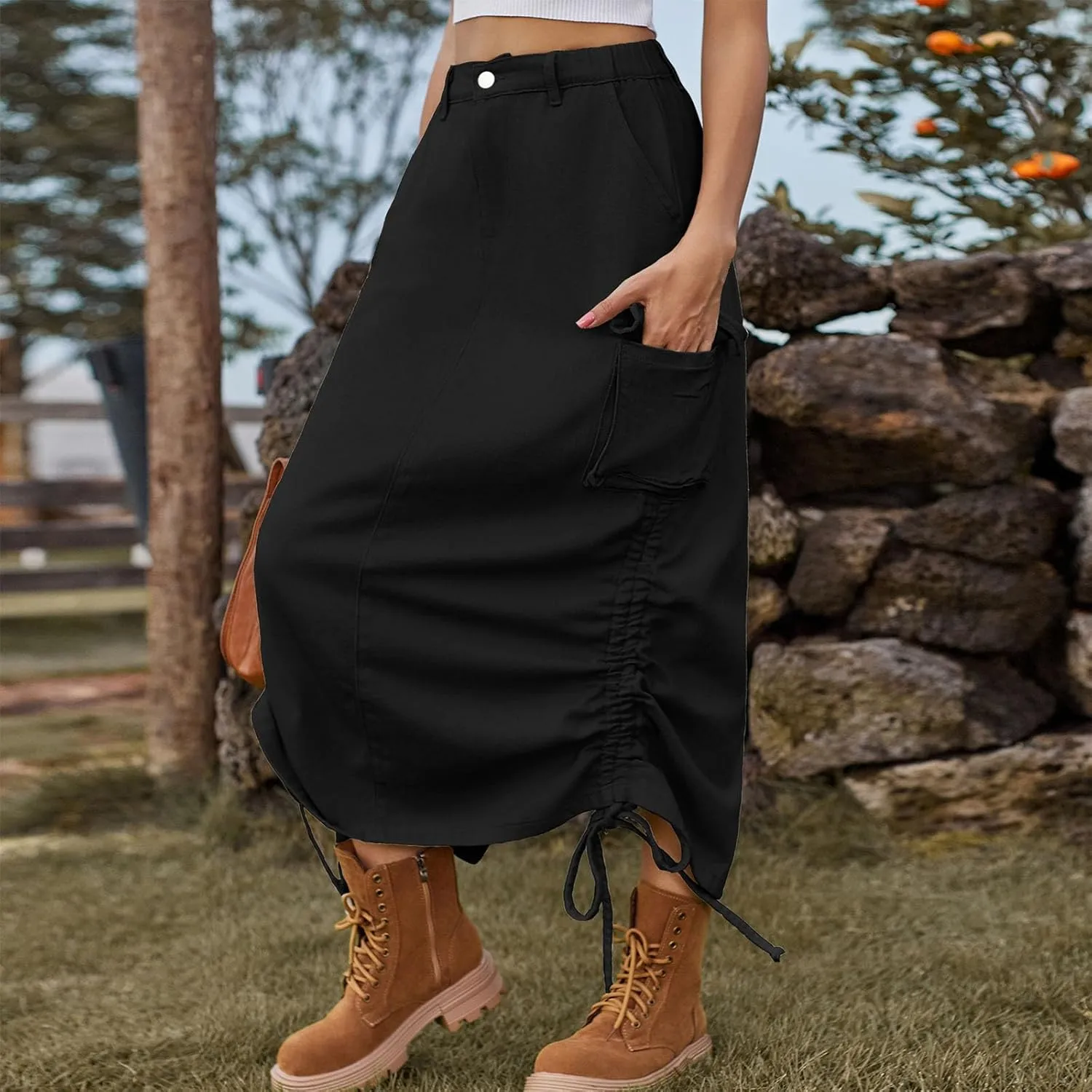 Y2k Cargo Denim Long Skirts for Women - Trendy High Waisted Vintage Split Side Drawstring Midi Skirt with Flap Pockets