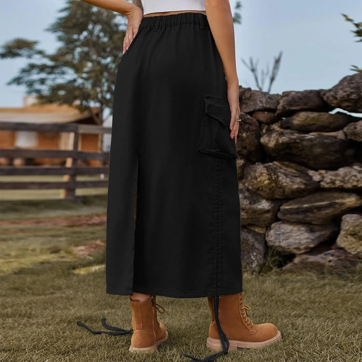 Y2k Cargo Denim Long Skirts for Women - Trendy High Waisted Vintage Split Side Drawstring Midi Skirt with Flap Pockets