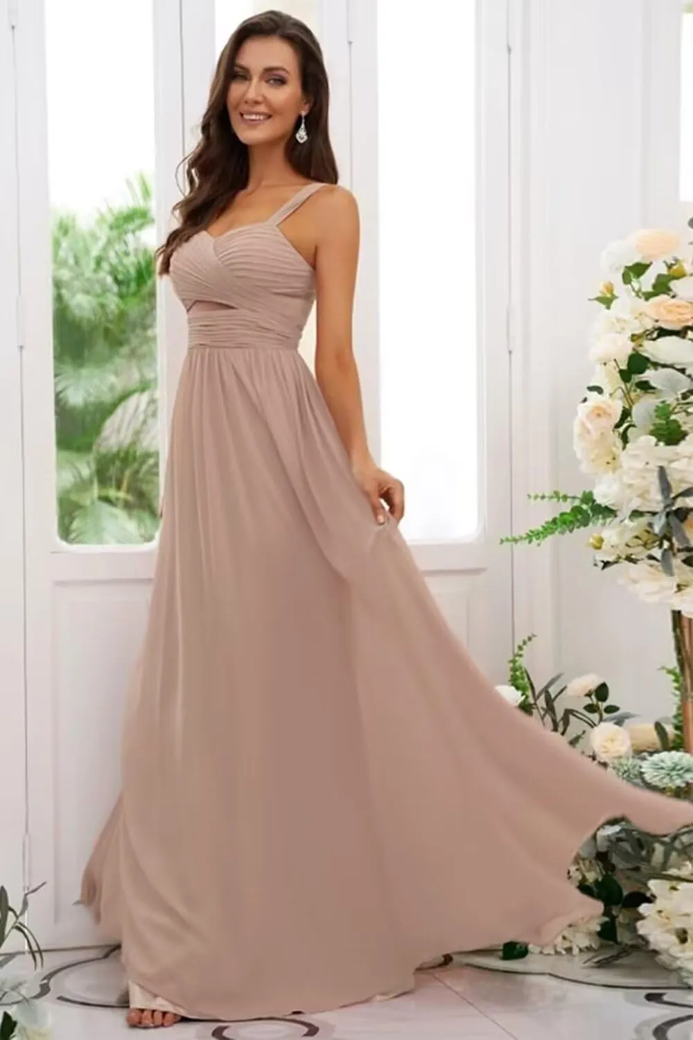 YAUTKA Chiffon Bridesmaid Dresses for Women Slit Long Spaghetti Straps Pleated Sweetheart A Line Formal Party Dress 2024