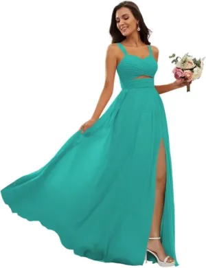 YAUTKA Chiffon Bridesmaid Dresses for Women Slit Long Spaghetti Straps Pleated Sweetheart A Line Formal Party Dress 2024