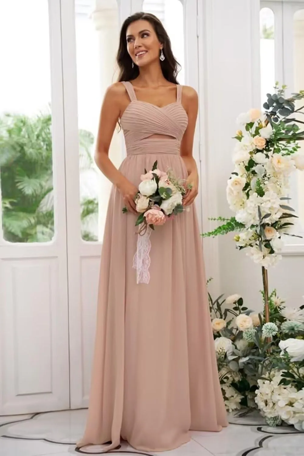 YAUTKA Chiffon Bridesmaid Dresses for Women Slit Long Spaghetti Straps Pleated Sweetheart A Line Formal Party Dress 2024