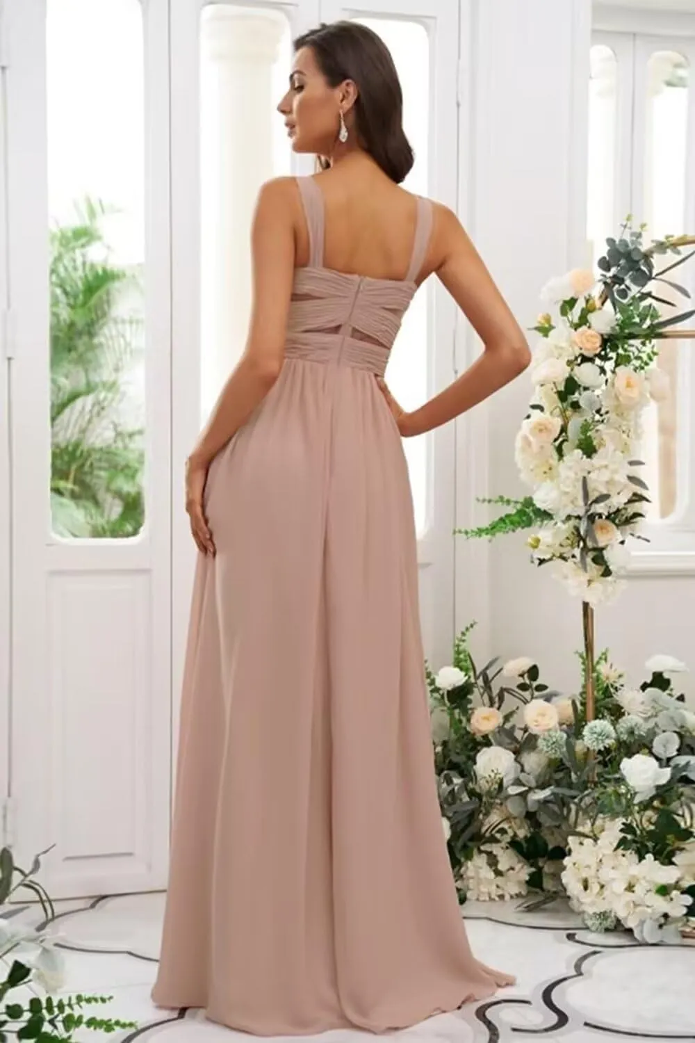 YAUTKA Chiffon Bridesmaid Dresses for Women Slit Long Spaghetti Straps Pleated Sweetheart A Line Formal Party Dress 2024