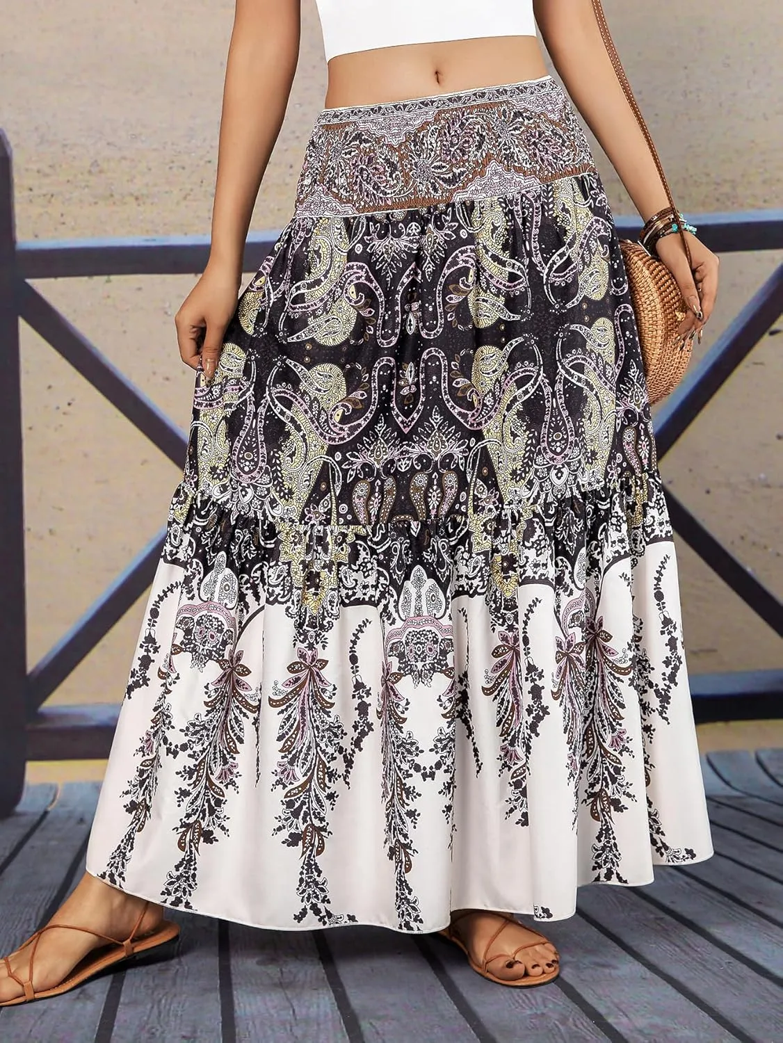 YHYJMY Women's Boho Skirt Elastic High Waist Pleated A-Line Flared Maxi Skirts Womens Flowy Long Skirts