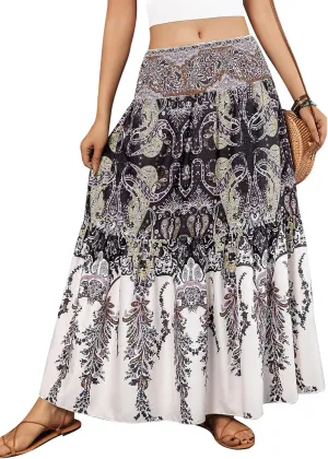 YHYJMY Women's Boho Skirt Elastic High Waist Pleated A-Line Flared Maxi Skirts Womens Flowy Long Skirts