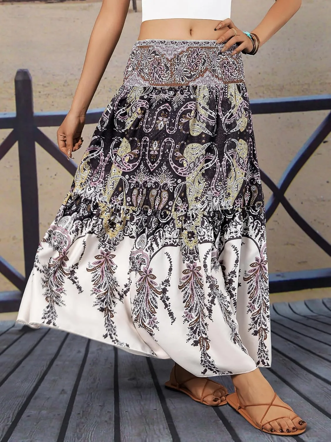 YHYJMY Women's Boho Skirt Elastic High Waist Pleated A-Line Flared Maxi Skirts Womens Flowy Long Skirts