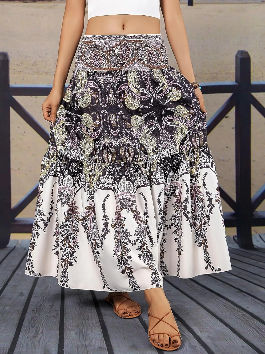 YHYJMY Women's Boho Skirt Elastic High Waist Pleated A-Line Flared Maxi Skirts Womens Flowy Long Skirts