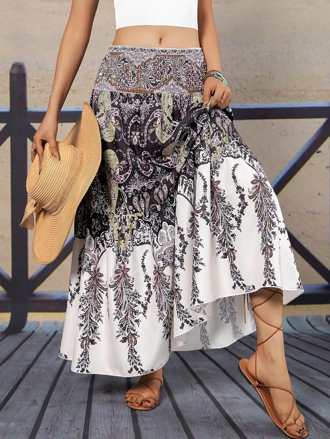 YHYJMY Women's Boho Skirt Elastic High Waist Pleated A-Line Flared Maxi Skirts Womens Flowy Long Skirts