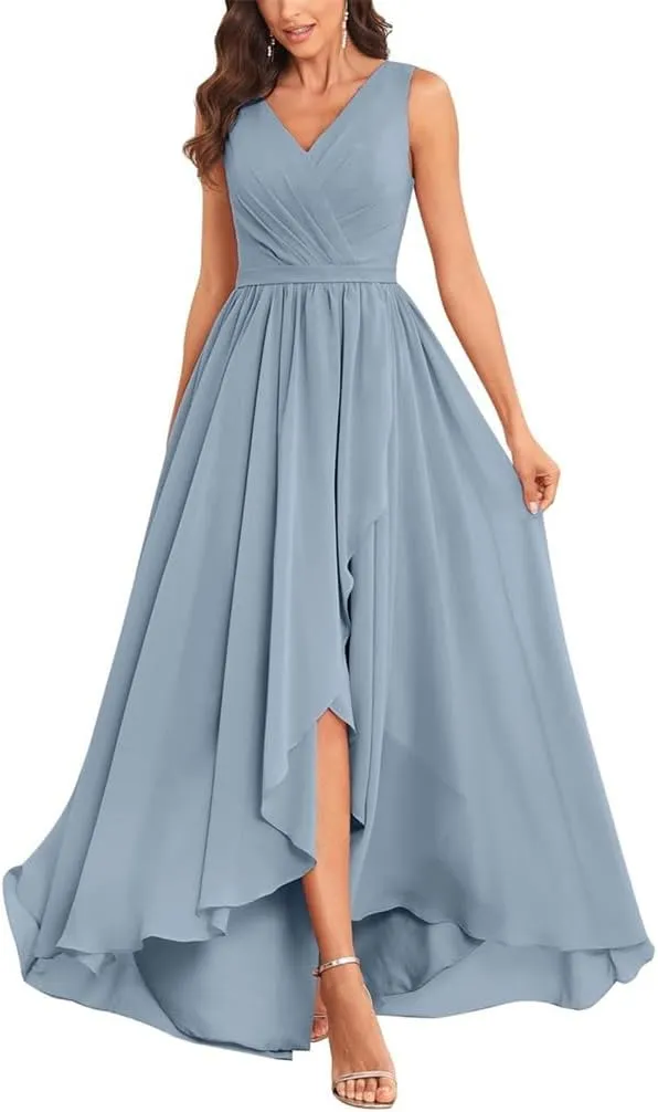 YRGERATON Women's High Low Wedding Bridesmaid Dresses Long Chiffon V Neck Formal Evening Prom Gown with Slit
