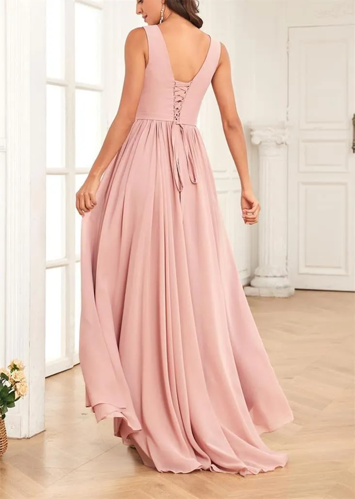 YRGERATON Women's High Low Wedding Bridesmaid Dresses Long Chiffon V Neck Formal Evening Prom Gown with Slit