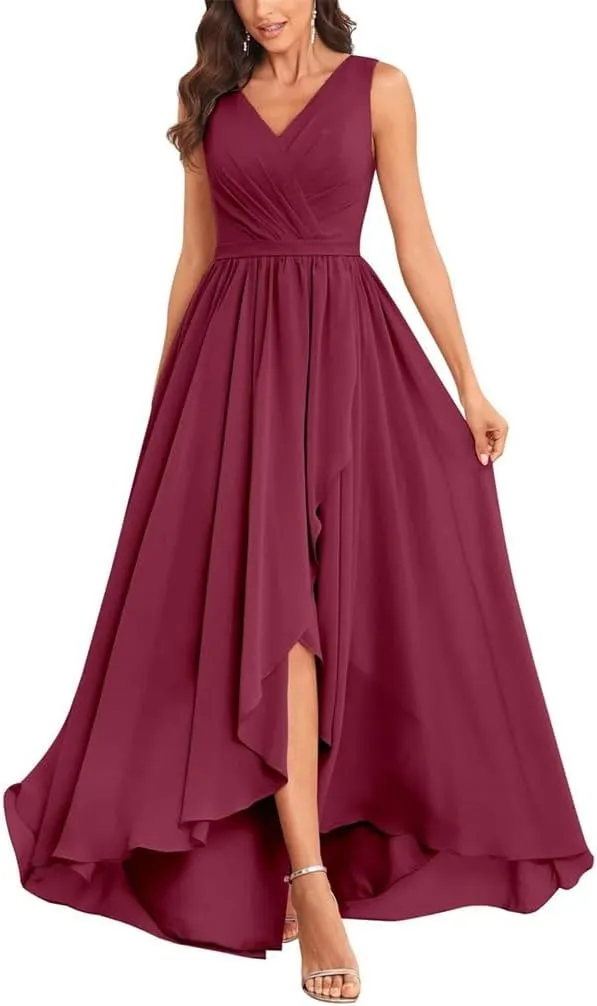 YRGERATON Women's High Low Wedding Bridesmaid Dresses Long Chiffon V Neck Formal Evening Prom Gown with Slit
