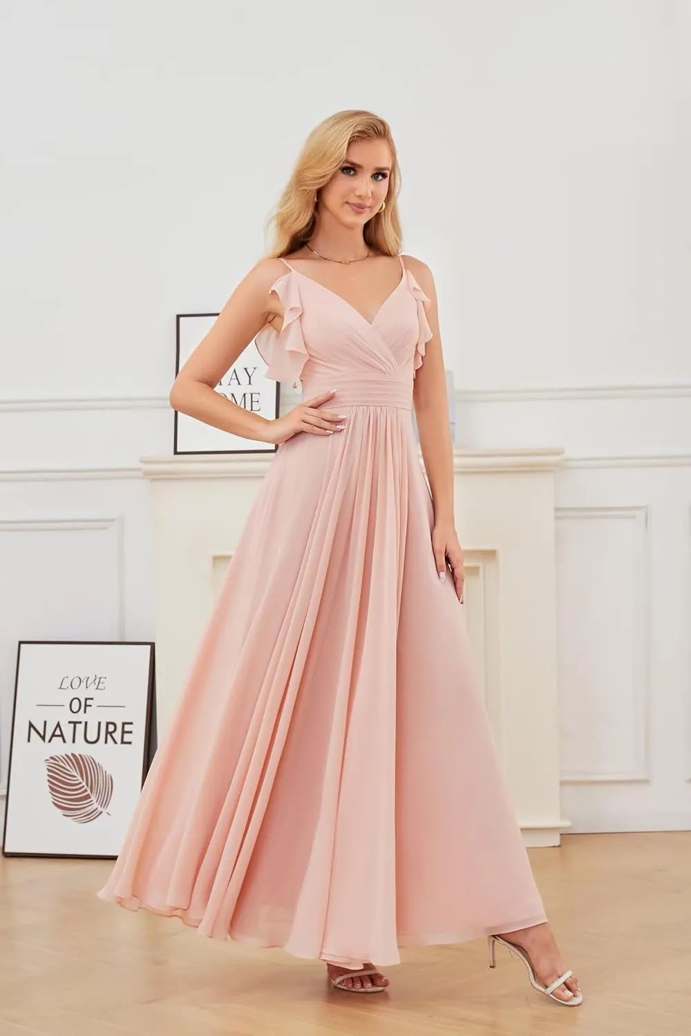 YUAOHUANG Chiffon Ruffle Formal Dress Spaghetti Straps Bridesmaid Dresses V Neck Cold Shoulder Evening Gown for Women