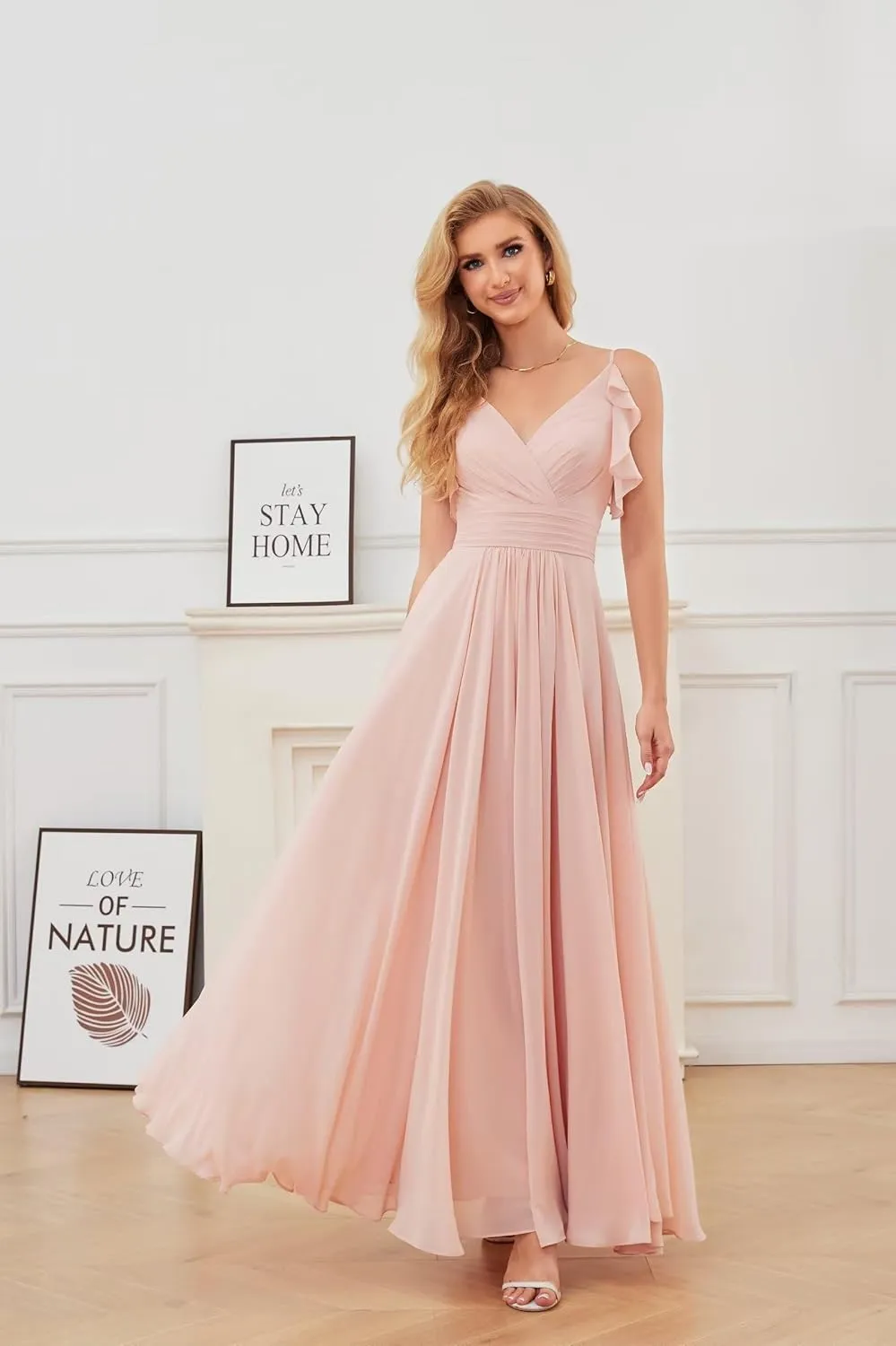 YUAOHUANG Chiffon Ruffle Formal Dress Spaghetti Straps Bridesmaid Dresses V Neck Cold Shoulder Evening Gown for Women