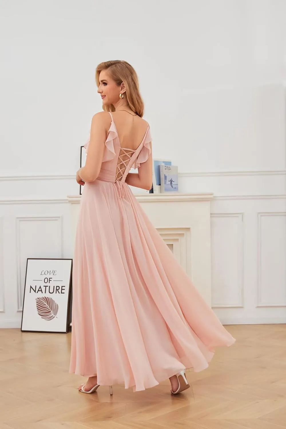 YUAOHUANG Chiffon Ruffle Formal Dress Spaghetti Straps Bridesmaid Dresses V Neck Cold Shoulder Evening Gown for Women