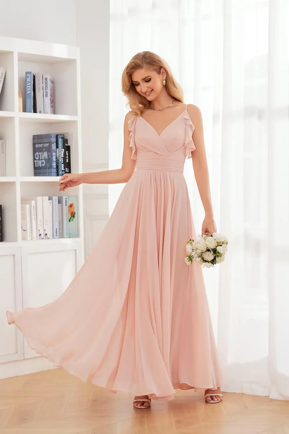YUAOHUANG Chiffon Ruffle Formal Dress Spaghetti Straps Bridesmaid Dresses V Neck Cold Shoulder Evening Gown for Women