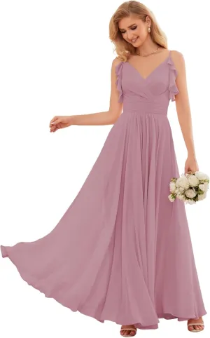 YUAOHUANG Chiffon Ruffle Formal Dress Spaghetti Straps Bridesmaid Dresses V Neck Cold Shoulder Evening Gown for Women