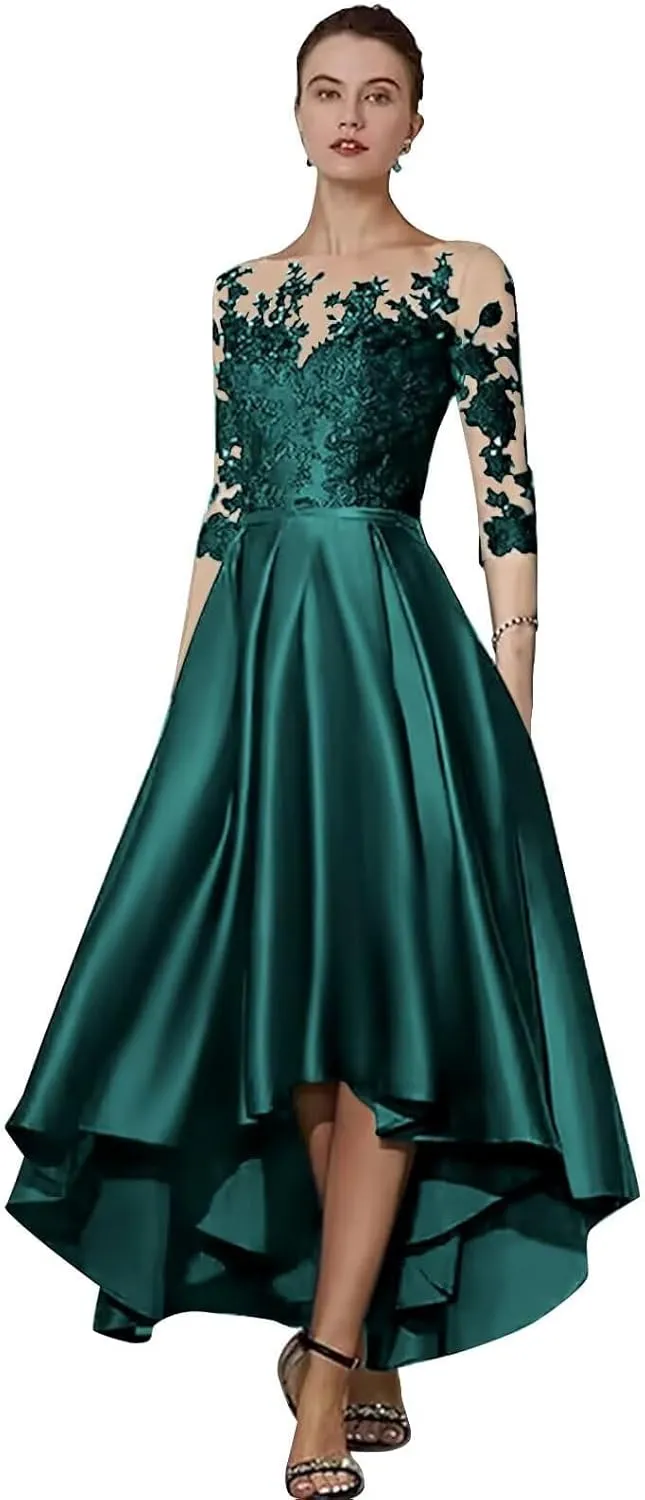 Yuxin High Low Mother of The Bride Dresses with Pocket for Wedding 2025 3/4 Sleeve Lace Satin Formal Evening Gowns 895