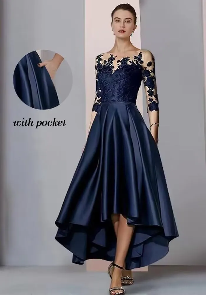 Yuxin High Low Mother of The Bride Dresses with Pocket for Wedding 2025 3/4 Sleeve Lace Satin Formal Evening Gowns 895
