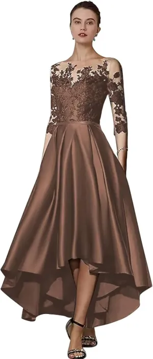 Yuxin High Low Mother of The Bride Dresses with Pocket for Wedding 2025 3/4 Sleeve Lace Satin Formal Evening Gowns 895