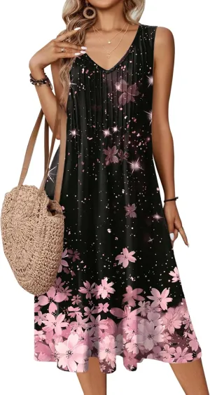 Zeagoo Women Summer Casual Dress 2025 Sleeveless Midi Swing Tank Sundress with Pockets V Neck A Line Pleated Tshirt Dress