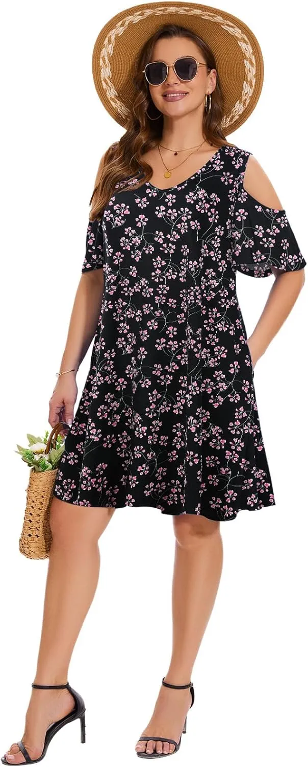 ZENNILO Plus Size Tshirt Dress Cold Shoulder Summer Dresses V Neck Short Sleeve Swing Dress for Women with Pockets