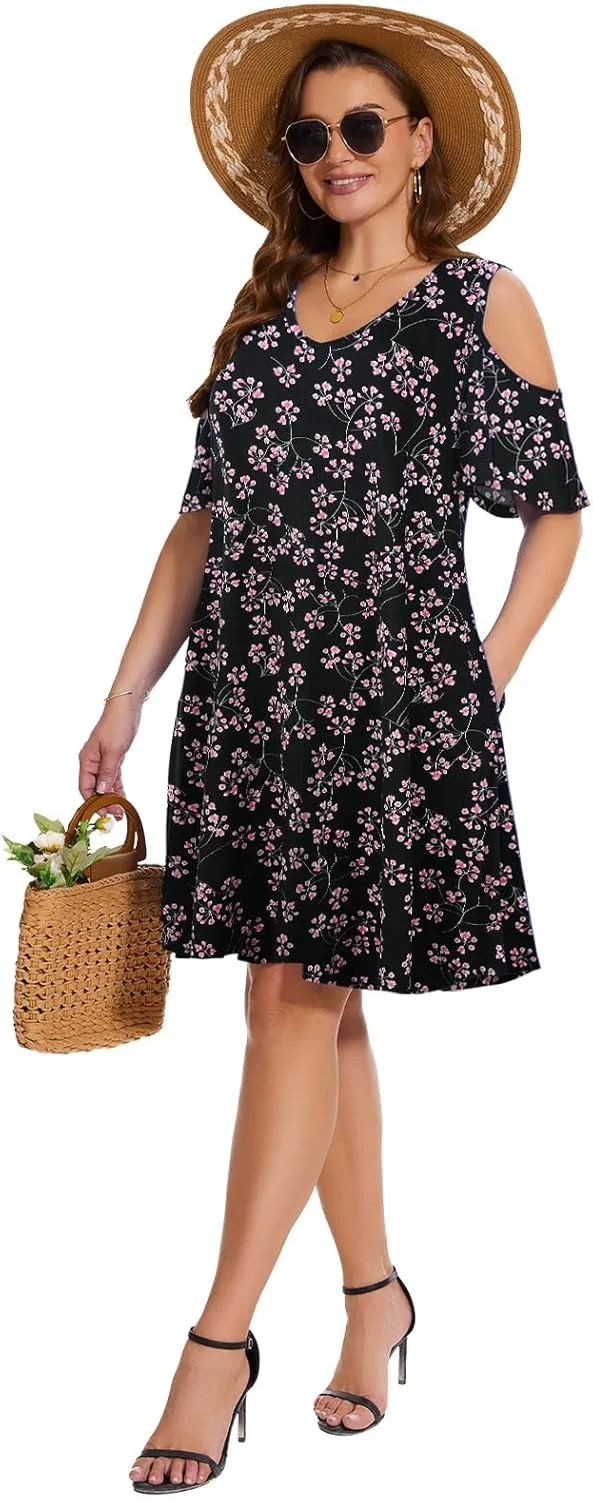 ZENNILO Plus Size Tshirt Dress Cold Shoulder Summer Dresses V Neck Short Sleeve Swing Dress for Women with Pockets