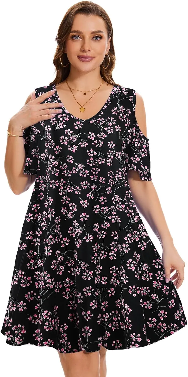 ZENNILO Plus Size Tshirt Dress Cold Shoulder Summer Dresses V Neck Short Sleeve Swing Dress for Women with Pockets