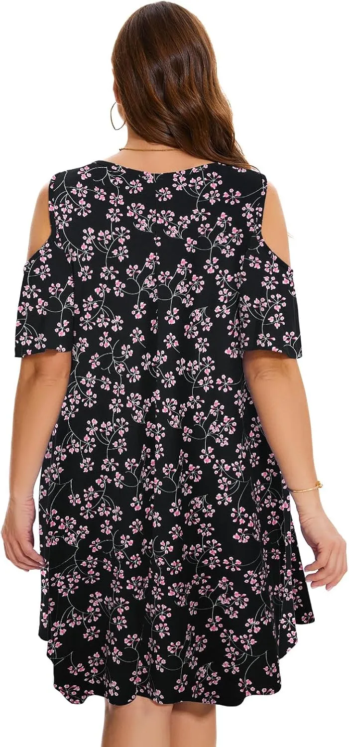 ZENNILO Plus Size Tshirt Dress Cold Shoulder Summer Dresses V Neck Short Sleeve Swing Dress for Women with Pockets