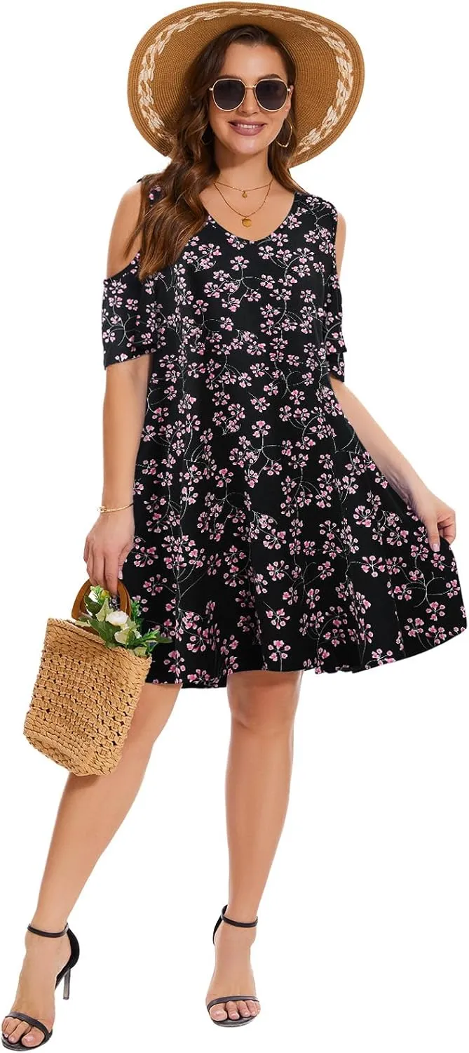 ZENNILO Plus Size Tshirt Dress Cold Shoulder Summer Dresses V Neck Short Sleeve Swing Dress for Women with Pockets