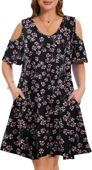 ZENNILO Plus Size Tshirt Dress Cold Shoulder Summer Dresses V Neck Short Sleeve Swing Dress for Women with Pockets