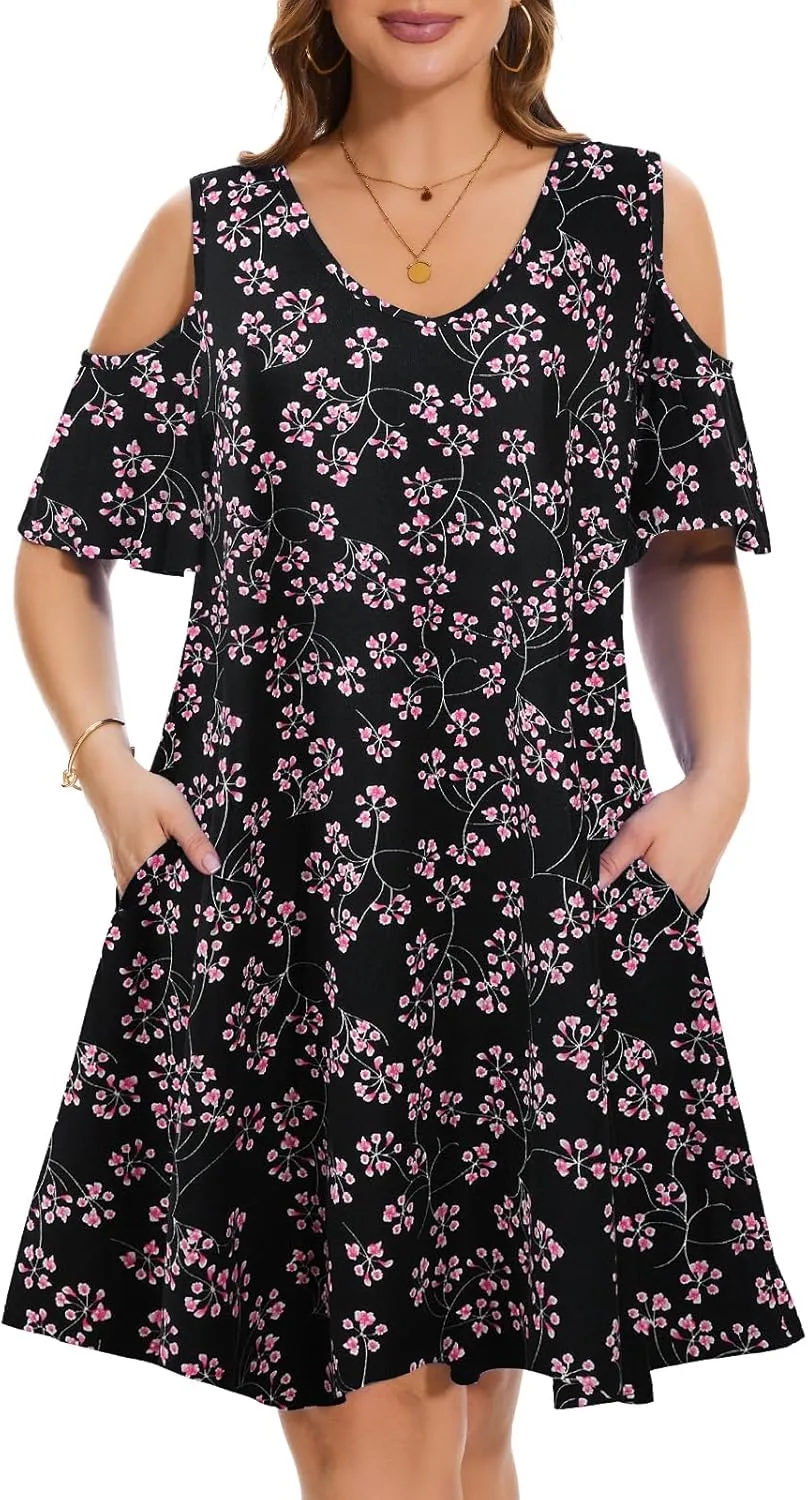 ZENNILO Plus Size Tshirt Dress Cold Shoulder Summer Dresses V Neck Short Sleeve Swing Dress for Women with Pockets
