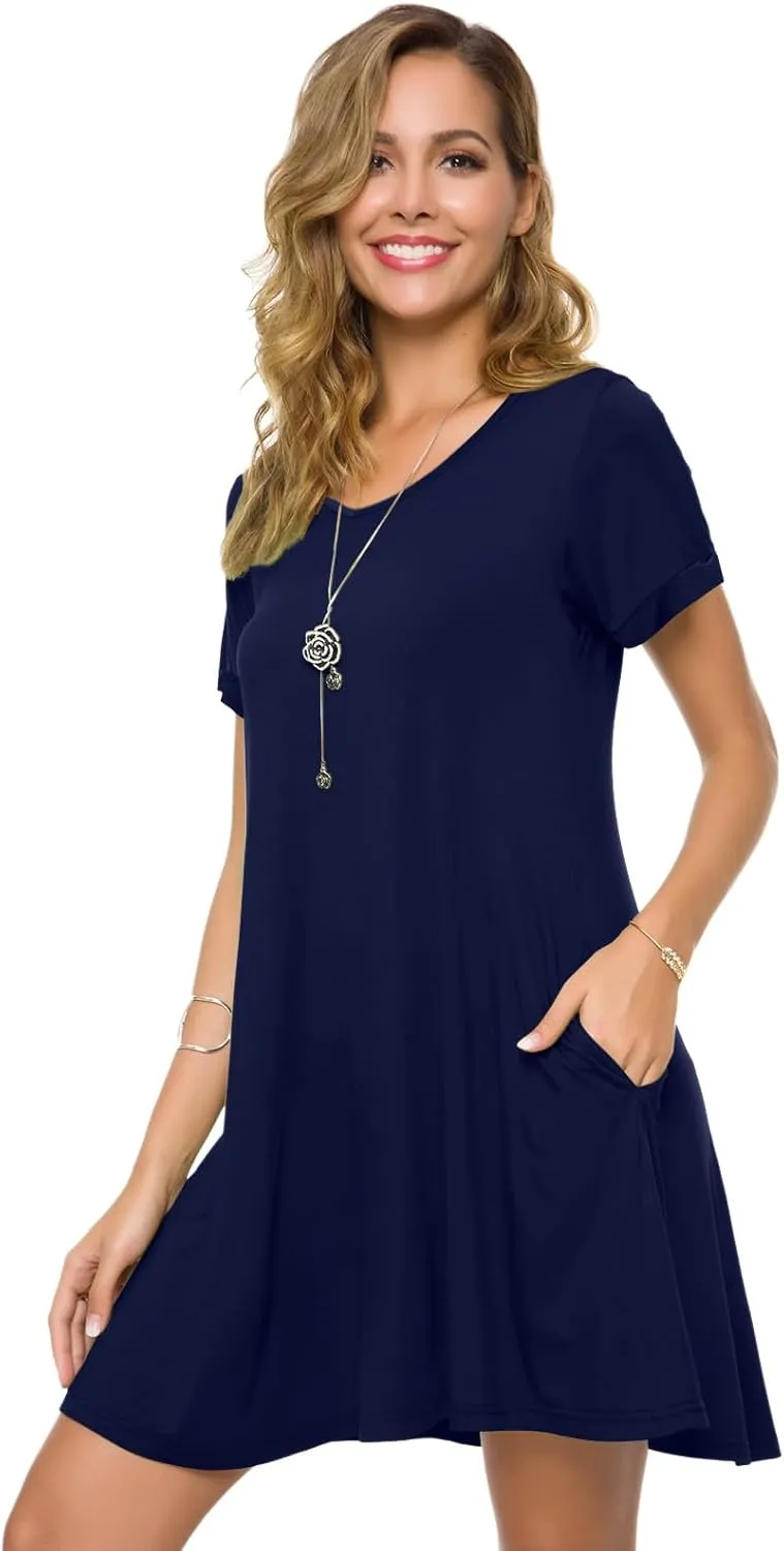 ZENNILO Women's Plus Size T Shirt Dresses with Pockets Casual Summer Dresses V Neck Short Sleeve Swing Dress for Women