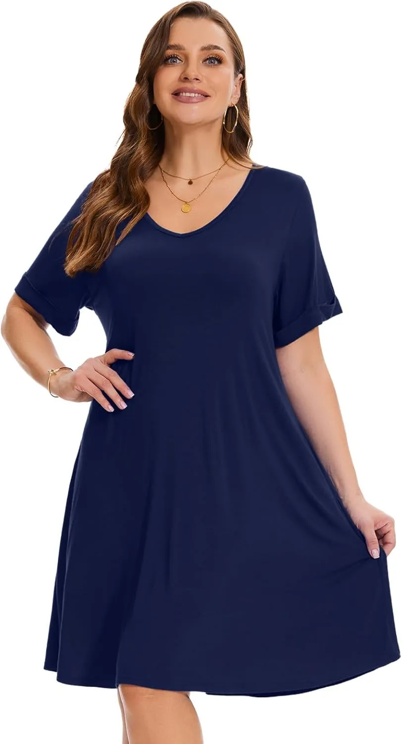 ZENNILO Women's Plus Size T Shirt Dresses with Pockets Casual Summer Dresses V Neck Short Sleeve Swing Dress for Women