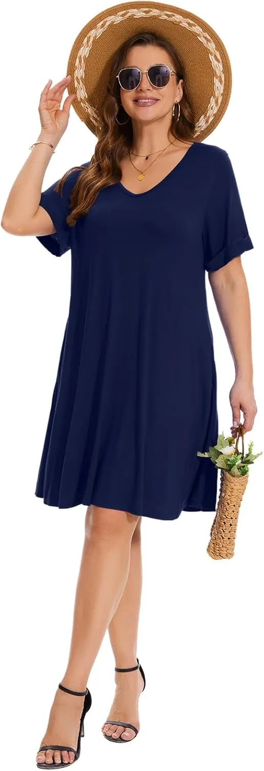 ZENNILO Women's Plus Size T Shirt Dresses with Pockets Casual Summer Dresses V Neck Short Sleeve Swing Dress for Women