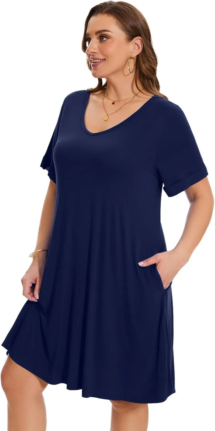 ZENNILO Women's Plus Size T Shirt Dresses with Pockets Casual Summer Dresses V Neck Short Sleeve Swing Dress for Women
