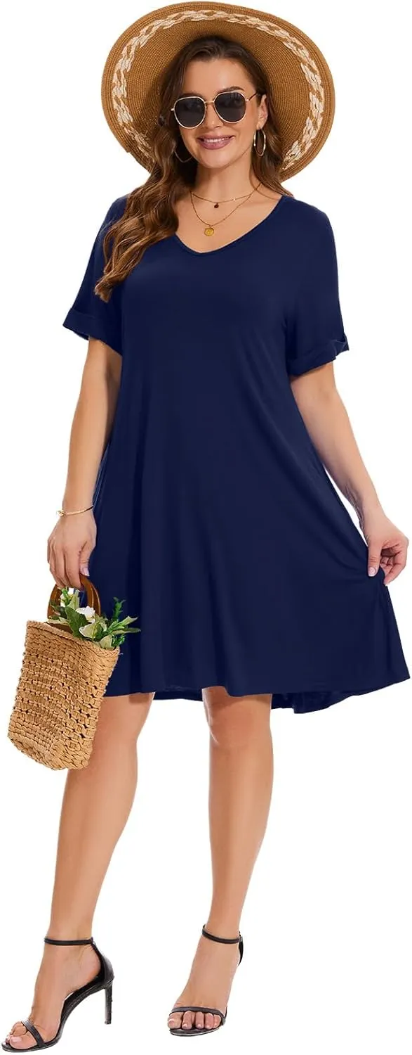 ZENNILO Women's Plus Size T Shirt Dresses with Pockets Casual Summer Dresses V Neck Short Sleeve Swing Dress for Women