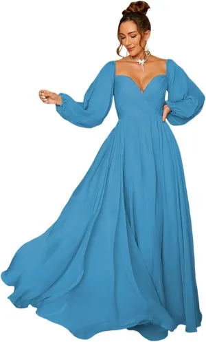 Zhangyo Long Sleeve Brdiesmaid Dresses for Wedding Off Shoulder Evening Gowns for Women Pleated Chiffon Prom Dresses CXL056