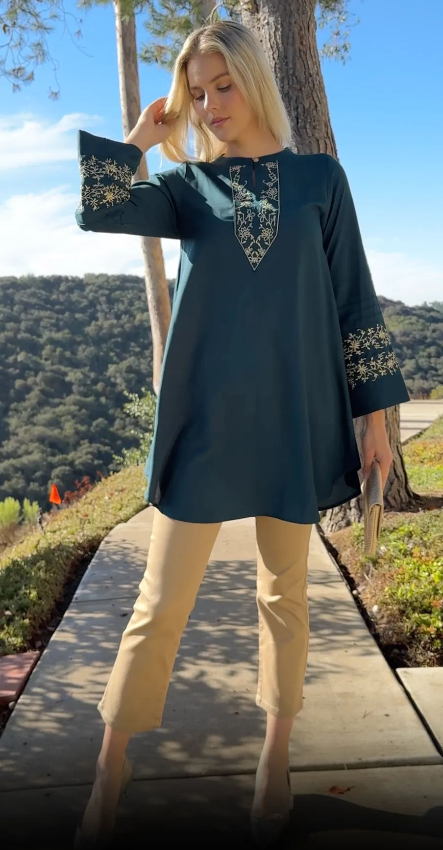 Zoha Embroidered Modest Cotton Feel Midi Tunic - Teal/Gold