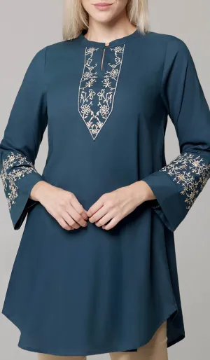 Zoha Embroidered Modest Cotton Feel Midi Tunic - Teal/Gold