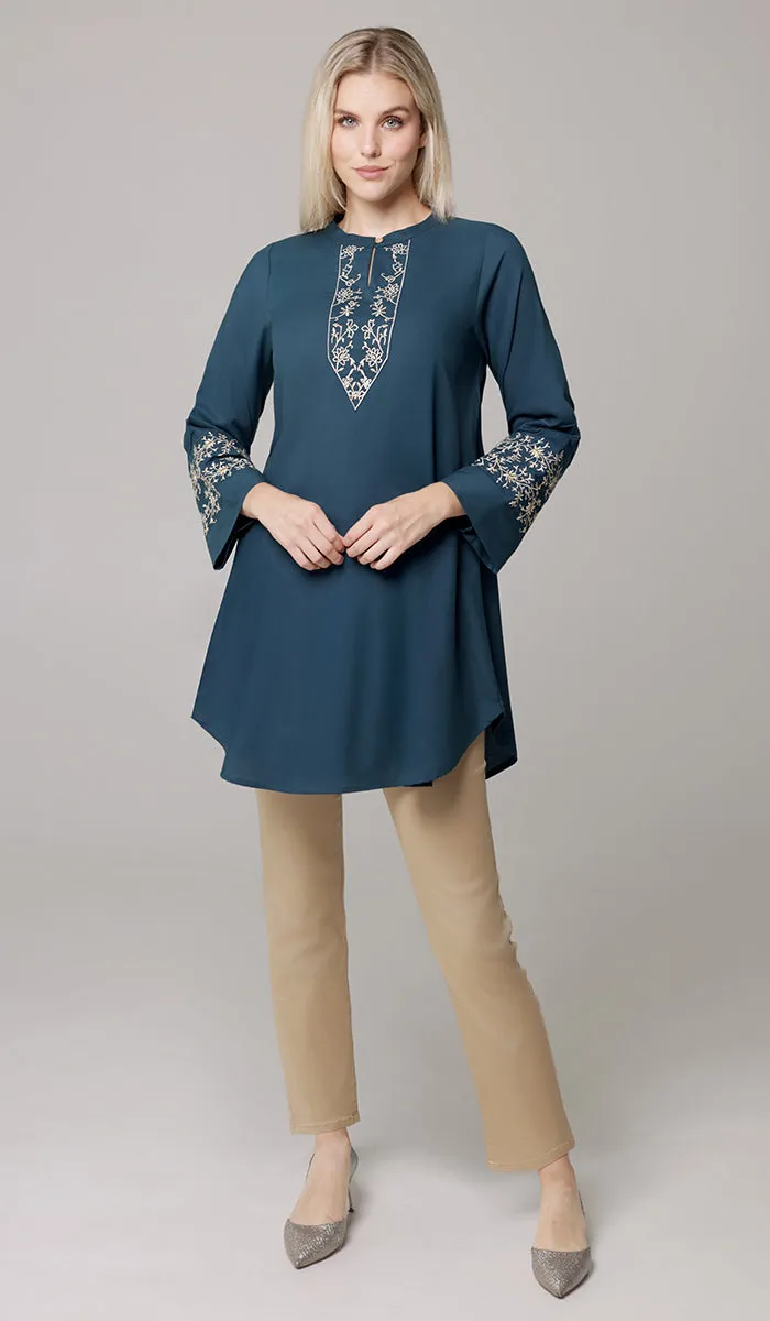 Zoha Embroidered Modest Cotton Feel Midi Tunic - Teal/Gold