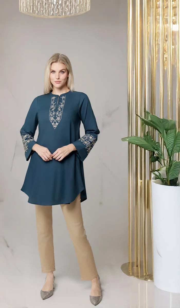 Zoha Embroidered Modest Cotton Feel Midi Tunic - Teal/Gold