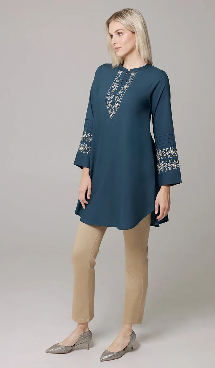Zoha Embroidered Modest Cotton Feel Midi Tunic - Teal/Gold