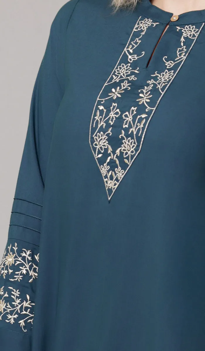 Zoha Embroidered Modest Cotton Feel Midi Tunic - Teal/Gold
