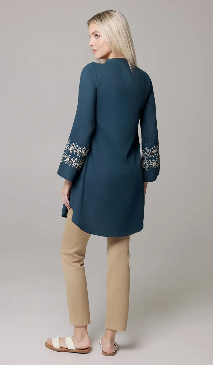 Zoha Embroidered Modest Cotton Feel Midi Tunic - Teal/Gold