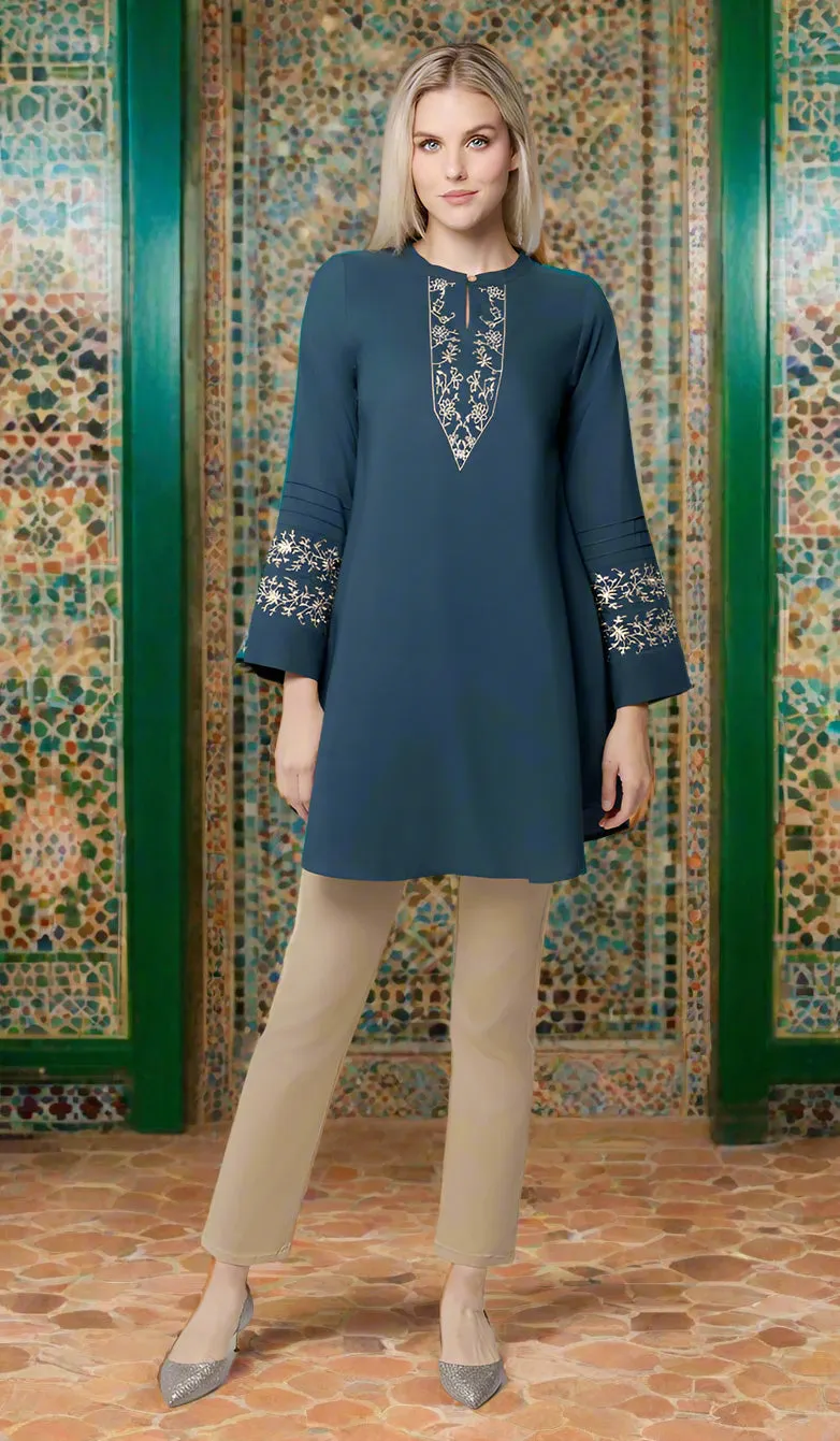 Zoha Embroidered Modest Cotton Feel Midi Tunic - Teal/Gold